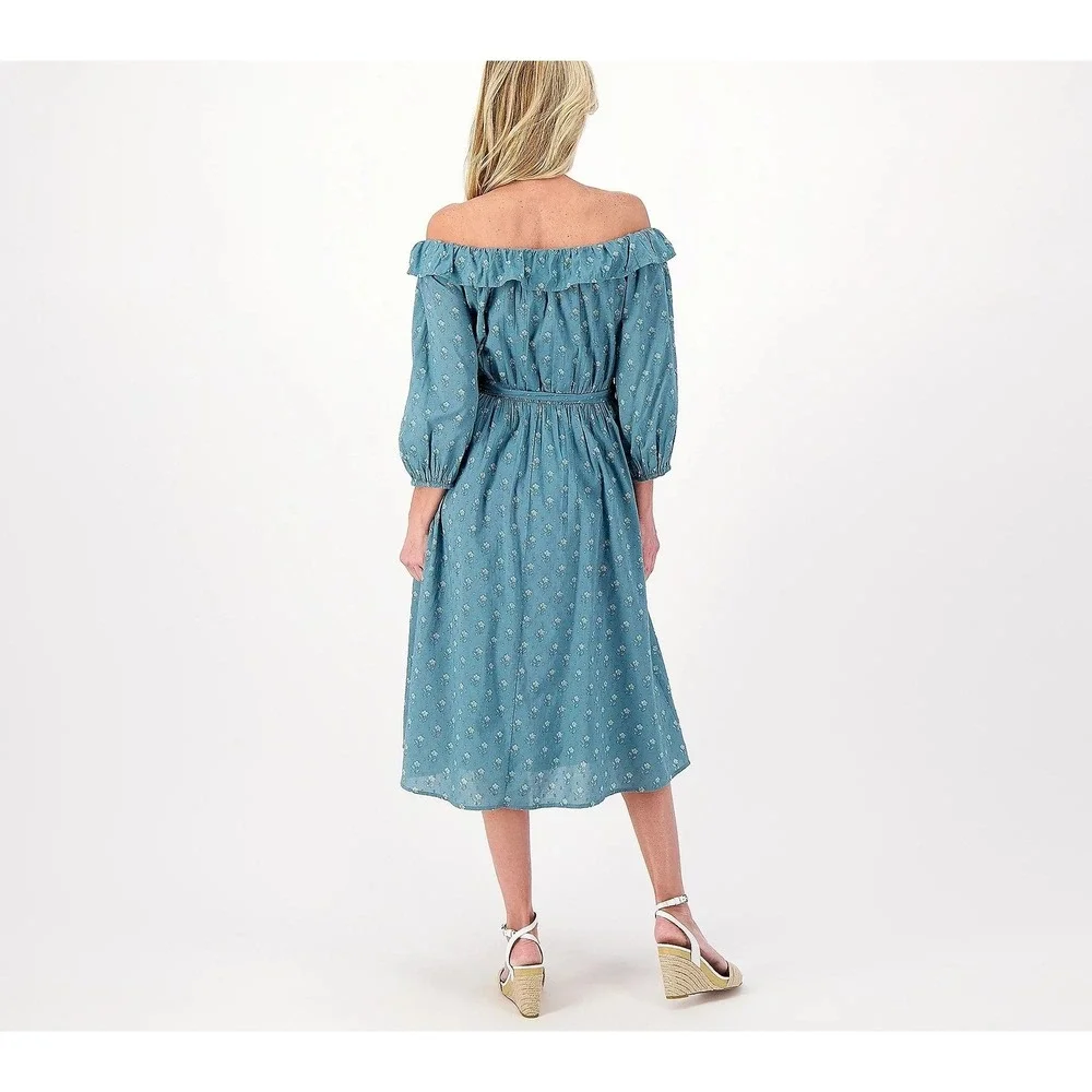 Destination 365 Clip Dot Off- the-Shoulder Midi Dress‎ Green M - Picture 2 of 4